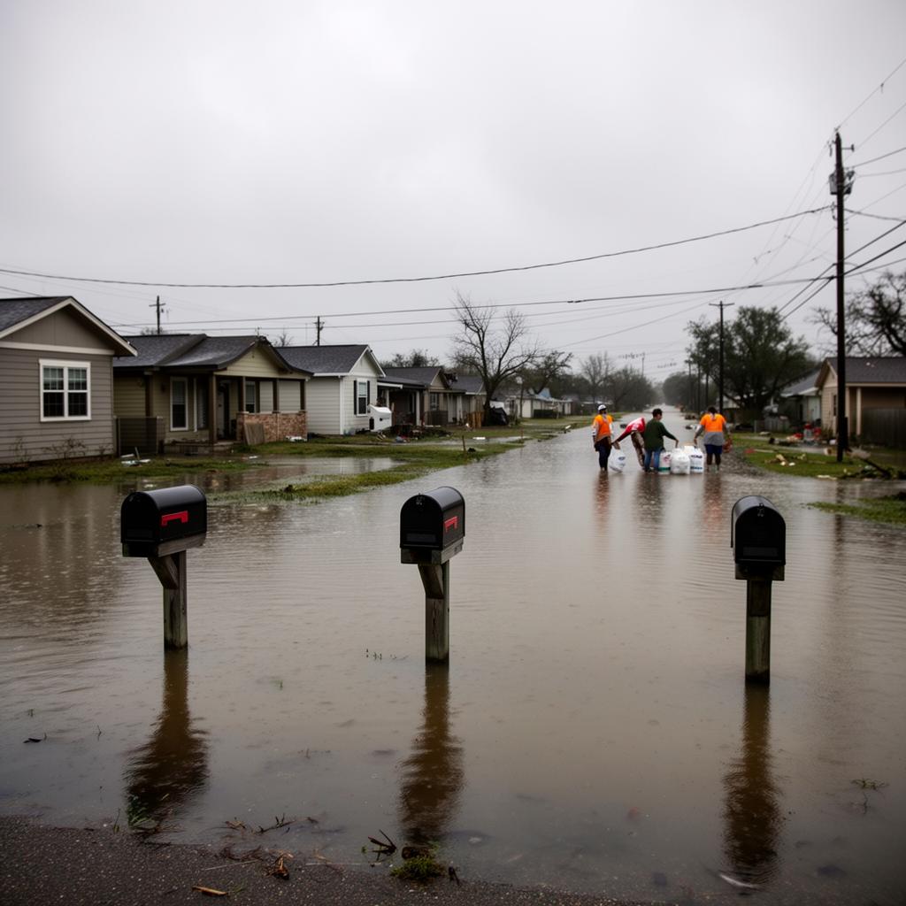 A flooded residential street in the Houston area after a tropical storm, with volunteers carrying supplies in the distance.